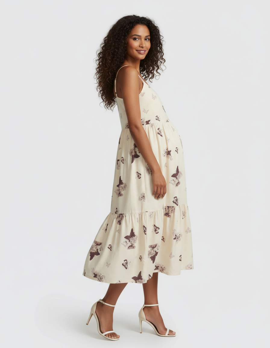 Bump Society – The Comfort Collection: Spaghetti Strap Printed Tiered Maternity Dress-Bump Society