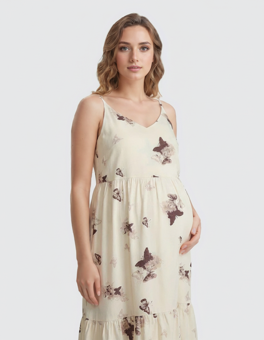 Bump Society – The Comfort Collection: Spaghetti Strap Printed Tiered Maternity Dress-Bump Society