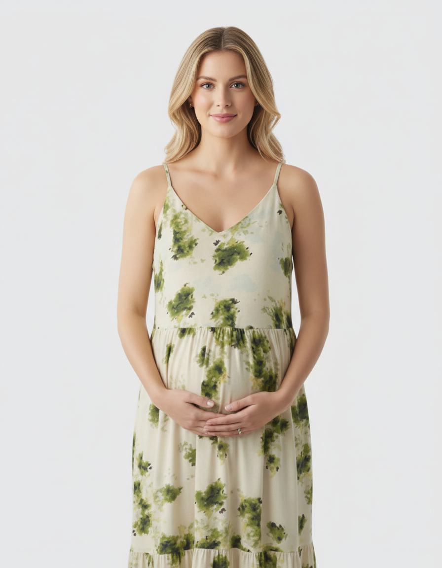 Bump Society – The Comfort Collection: Spaghetti Strap Printed Tiered Maternity Dress-Bump Society