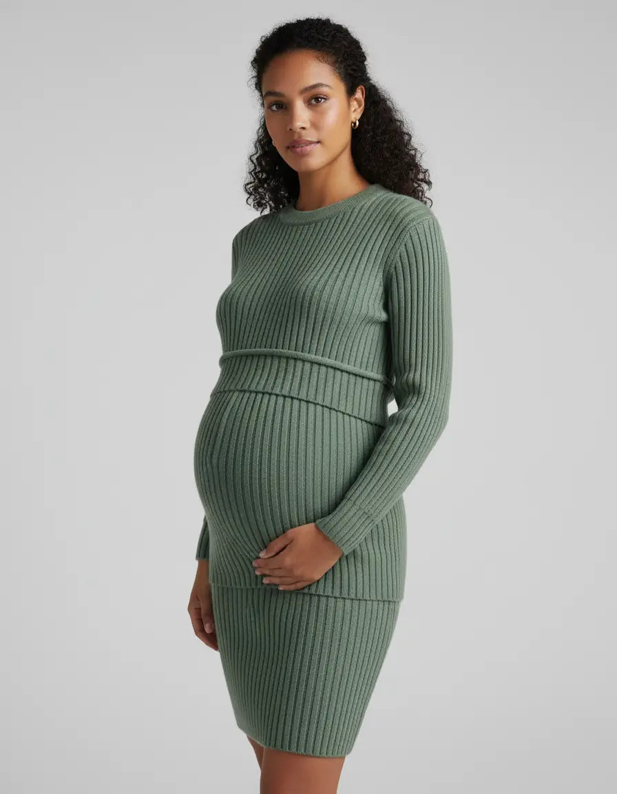 Pregnant woman in a sage green stretch-ribbed casual-fit maternity top and matching skirt.