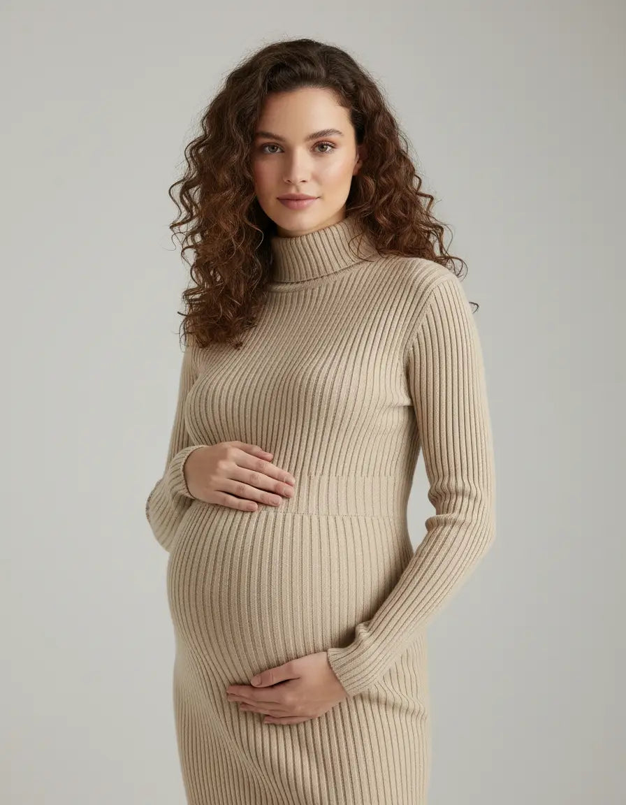 Pregnant woman in a beige stretch-ribbed turtleneck maternity dress, hands on belly.