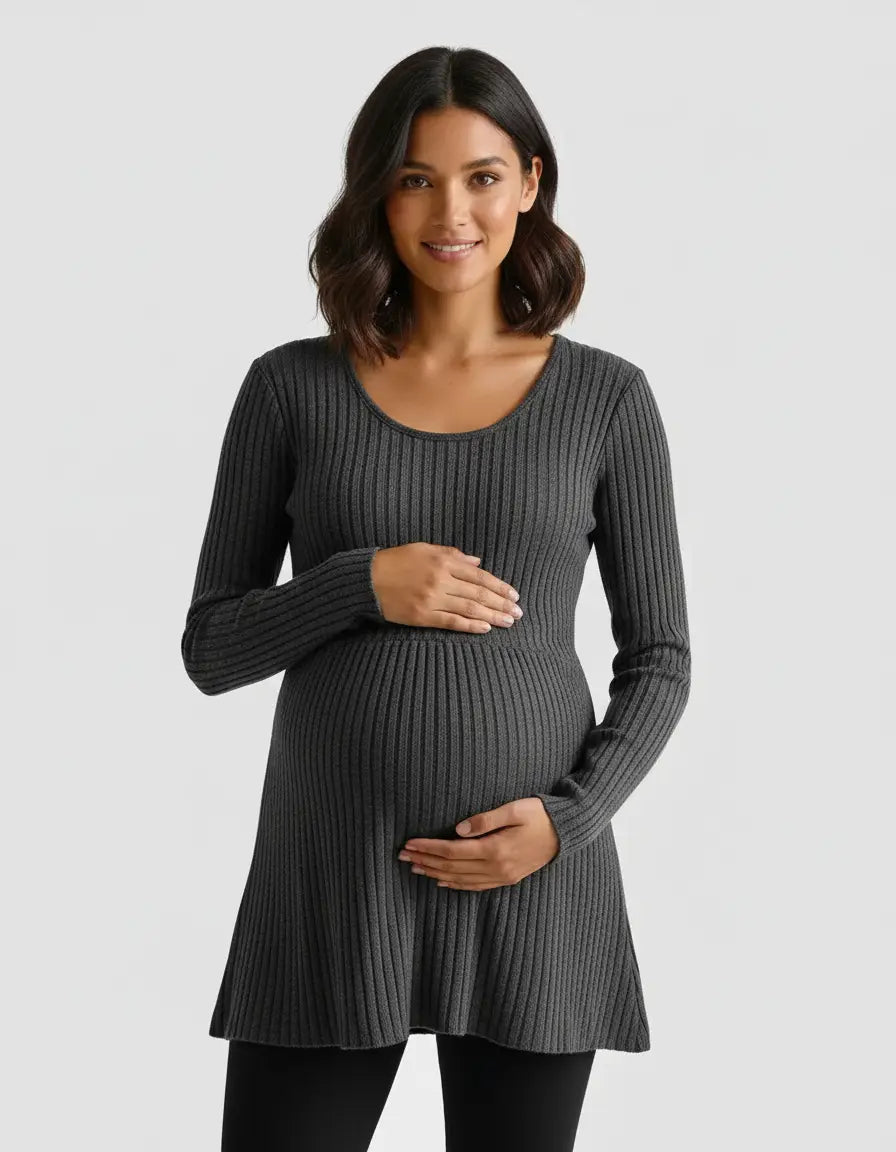 Smiling pregnant woman in a charcoal gray stretch-ribbed casual-fit maternity top.
