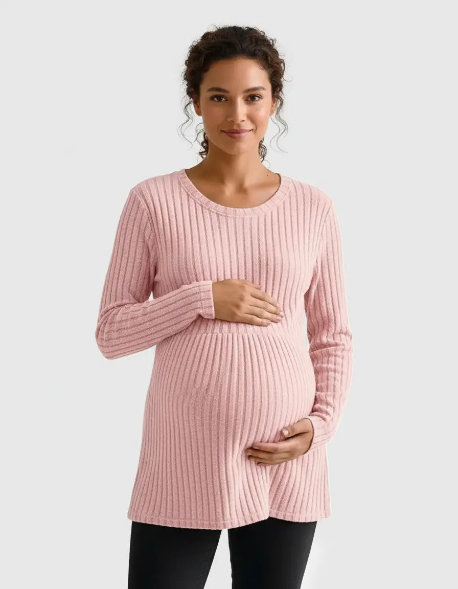 Pregnant woman modeling a pink stretch-ribbed casual-fit maternity top with long sleeves.