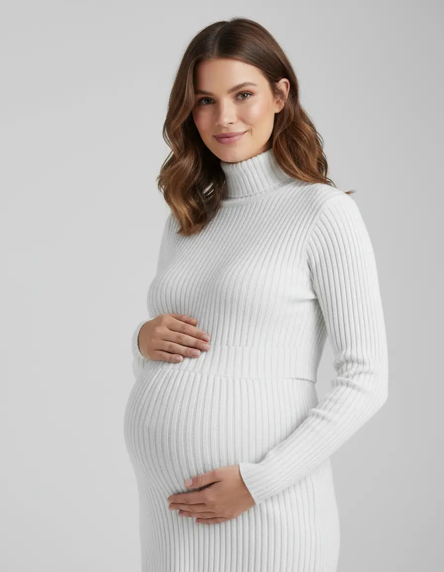 Pregnant woman in a white stretch-ribbed turtleneck maternity top, gently holding her belly.
