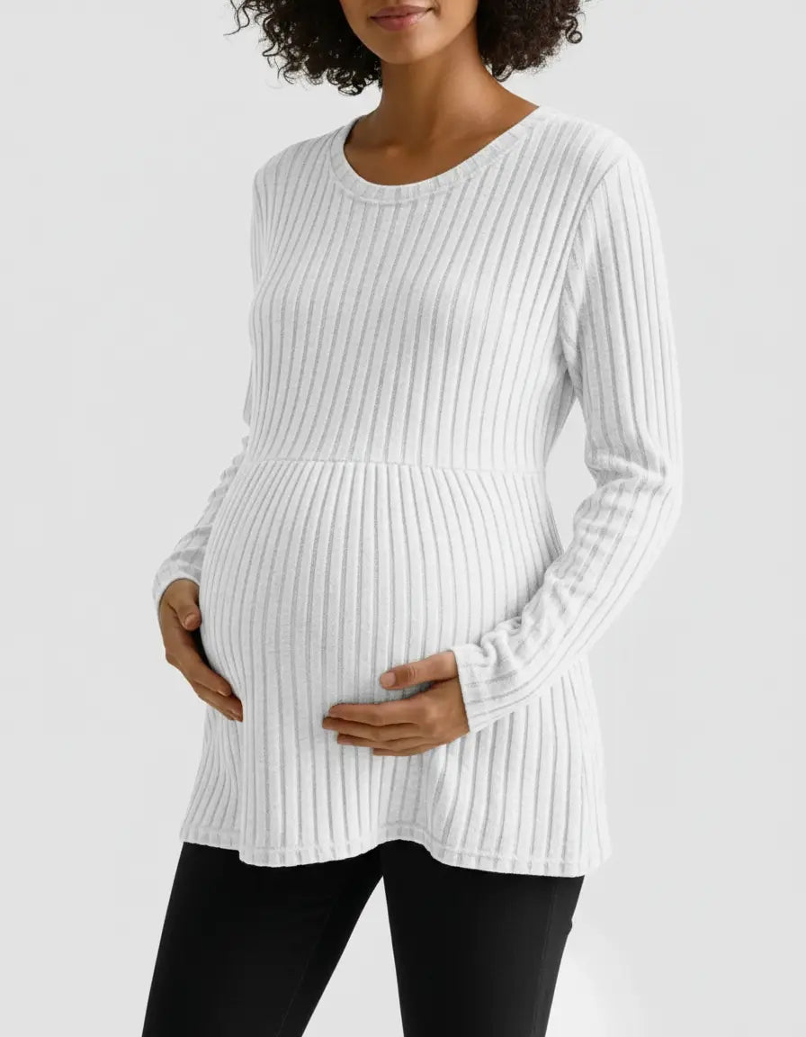 Pregnant woman in a white stretch-ribbed casual-fit maternity top with long sleeves.
