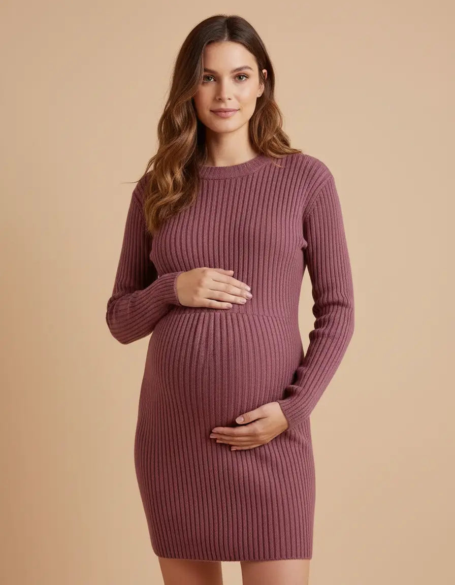 Pregnant woman in a plum stretch-ribbed casual-fit maternity top, designed for comfort.