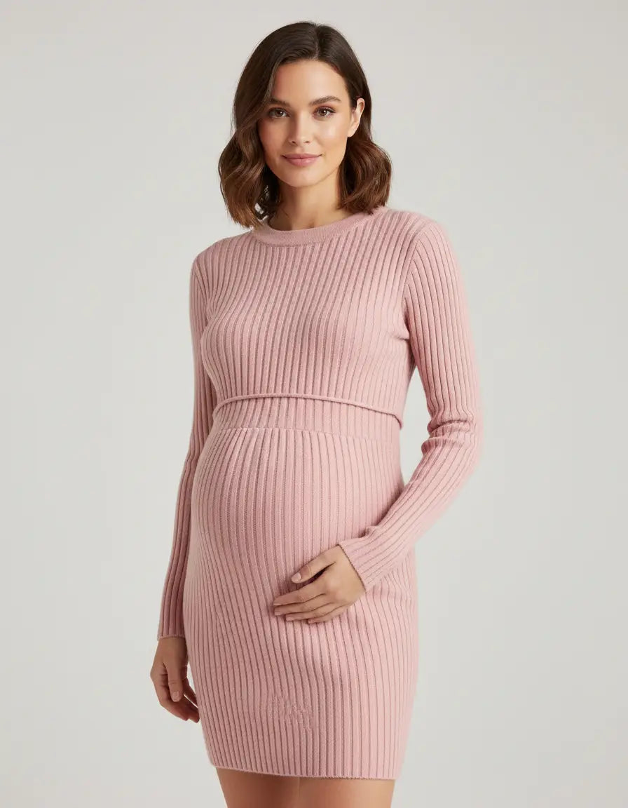 Maternity model in a pink stretch-ribbed casual-fit top, designed for comfort and a flattering silhouette.