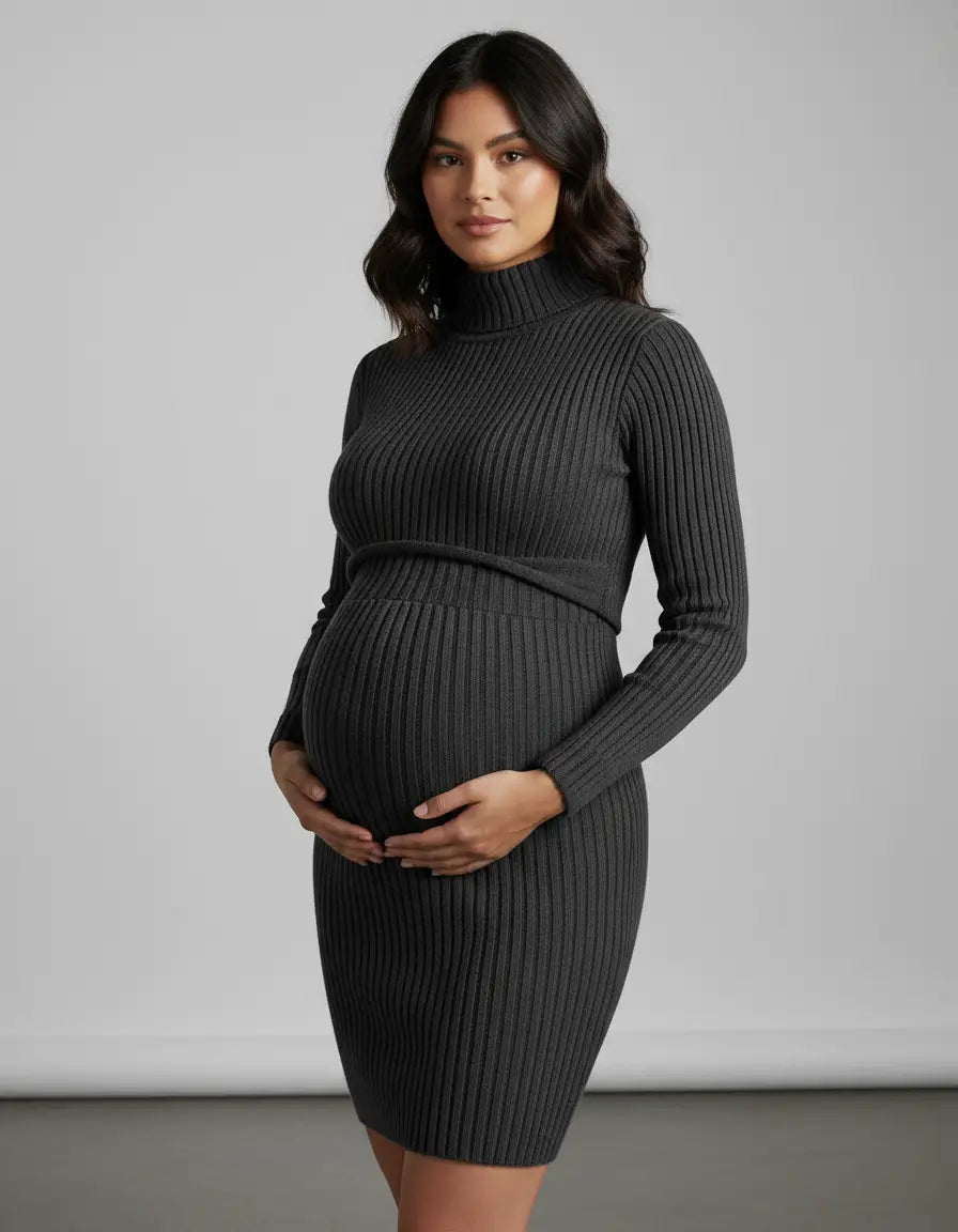 Pregnant woman in a charcoal gray stretch-ribbed casual-fit maternity top with a turtleneck.