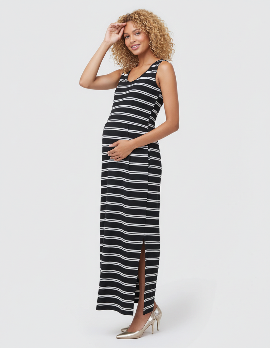 Bump Society – The Comfort Collection: Striped Sleeveless Maternity Maxi Dress-Bump Society