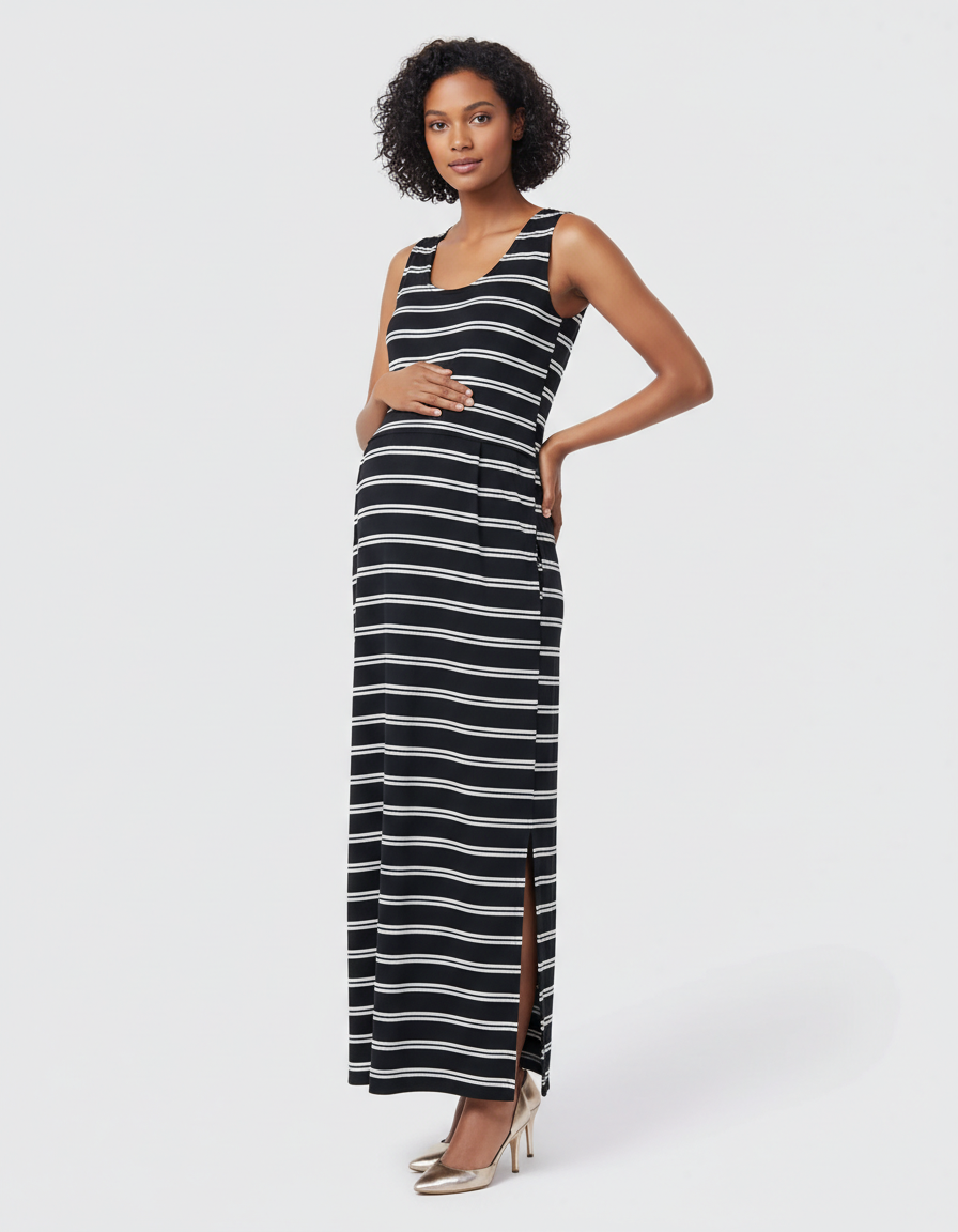 Bump Society – The Comfort Collection: Striped Sleeveless Maternity Maxi Dress-Bump Society