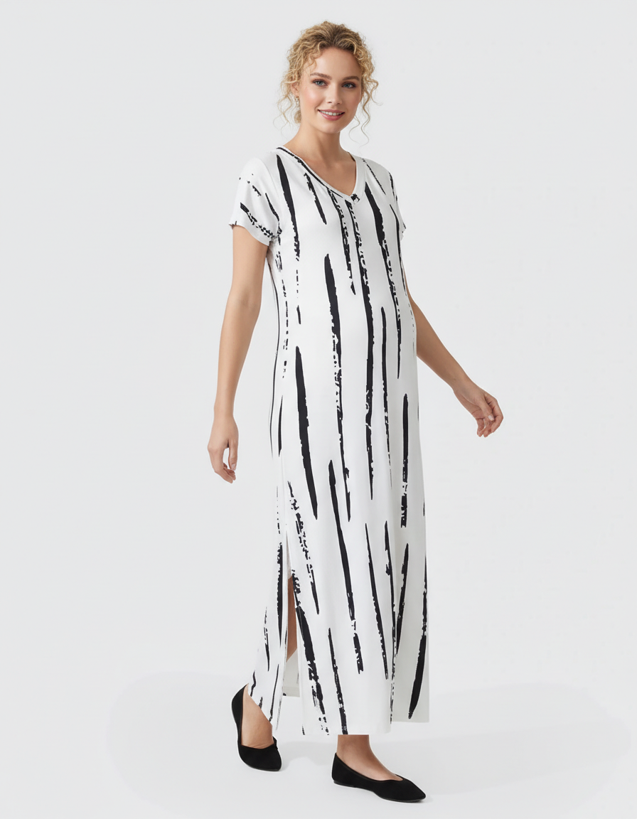Bump Society – The Comfort Collection: Striped V-Neck Oversized Maternity Caftan Dress-Bump Society