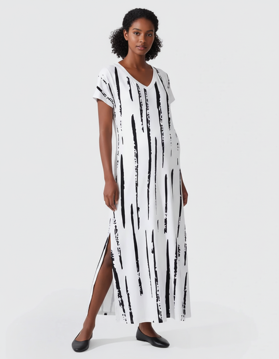 Bump Society – The Comfort Collection: Striped V-Neck Oversized Maternity Caftan Dress-Bump Society