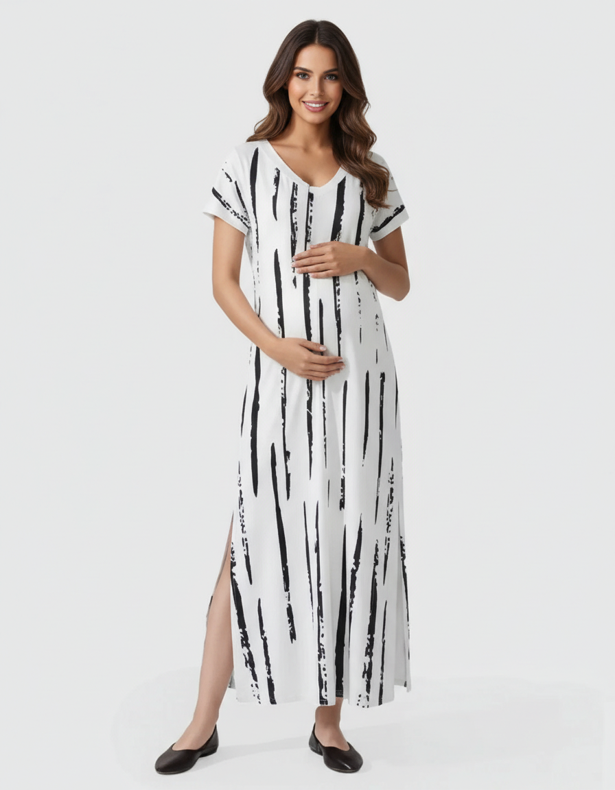 Bump Society – The Comfort Collection: Striped V-Neck Oversized Maternity Caftan Dress-Bump Society