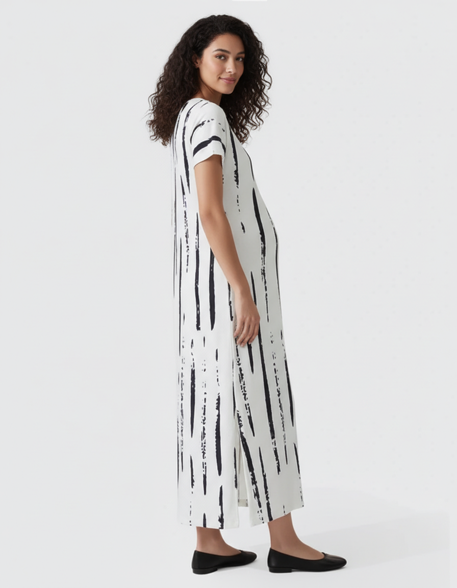 Bump Society – The Comfort Collection: Striped V-Neck Oversized Maternity Caftan Dress-Bump Society