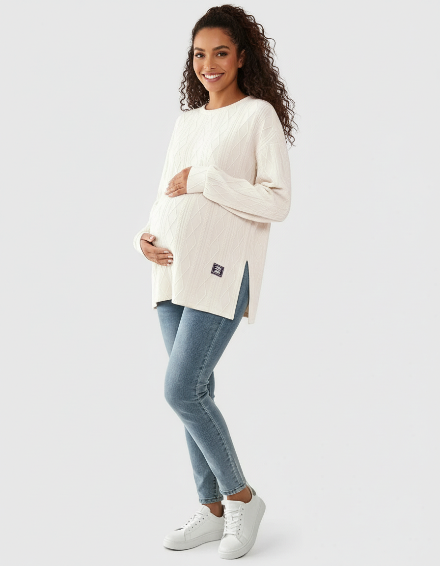 Smiling pregnant woman in a cream textured loose-fit maternity top with side slits and blue jeans.