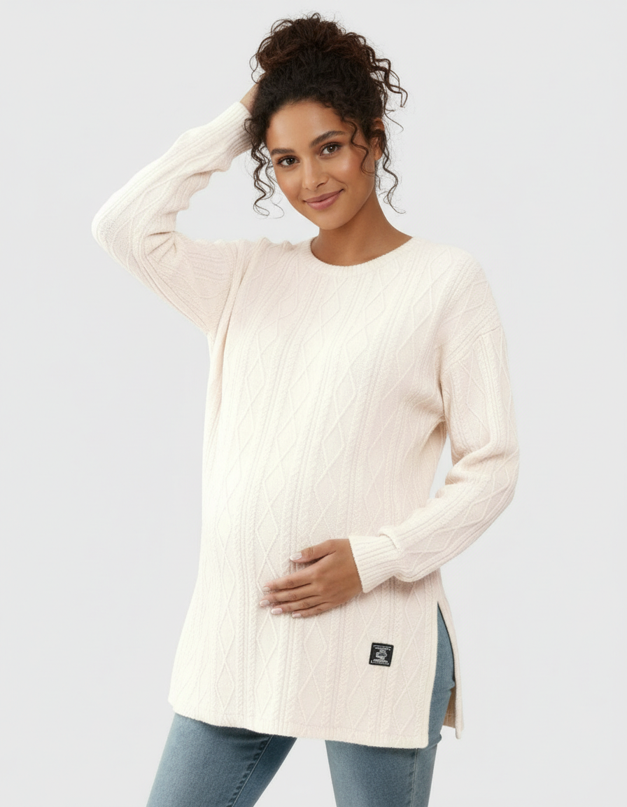 Smiling pregnant woman in a cream textured loose-fit maternity top with side slits, paired with jeans.