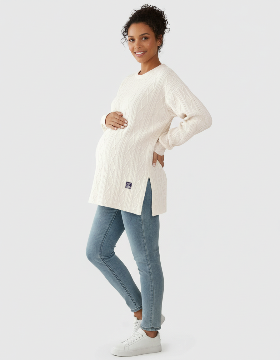 Smiling pregnant woman in a cream textured loose-fit maternity top with side slits and light wash jeans.