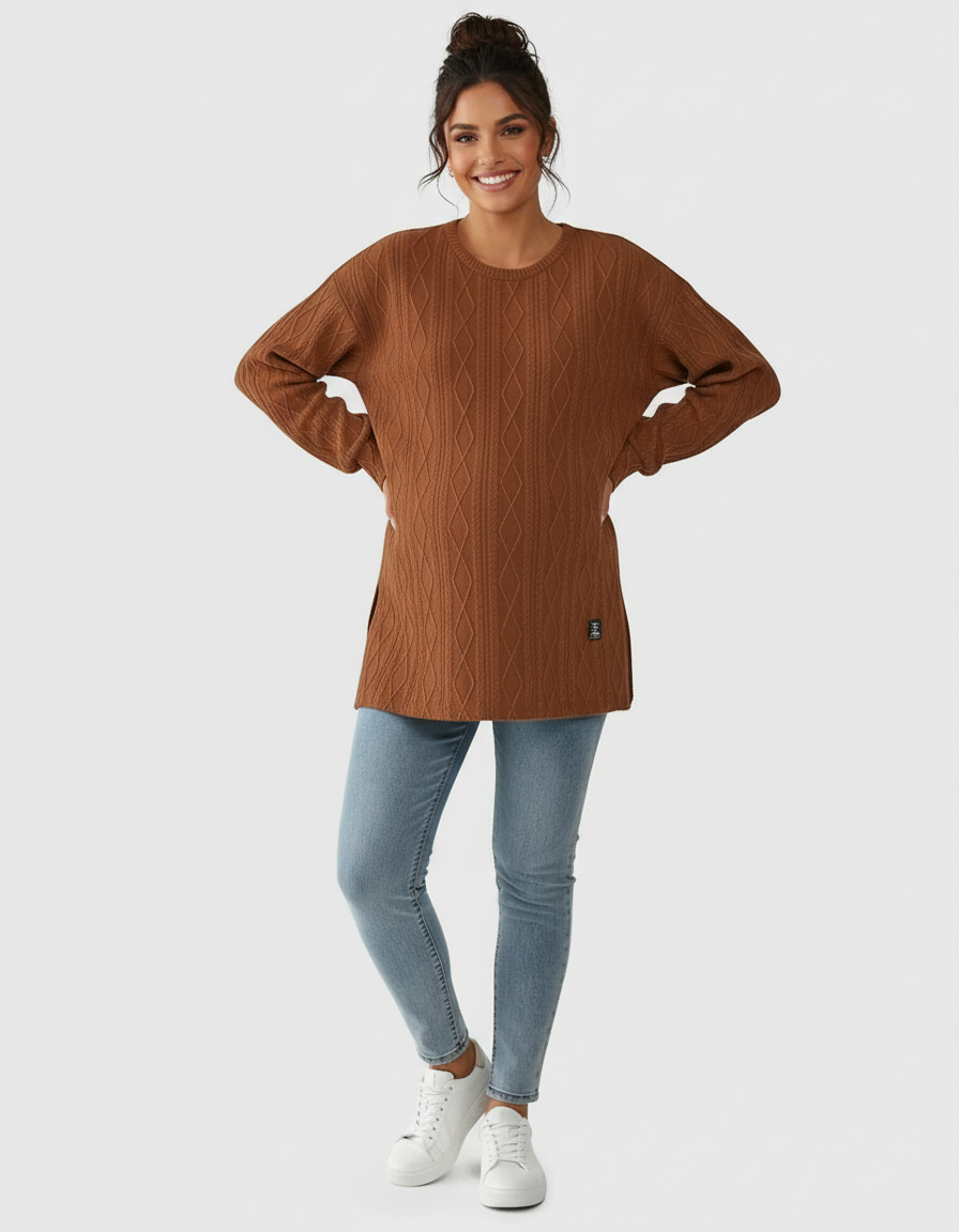 Smiling pregnant woman in a brown textured loose-fit maternity top and light blue jeans.