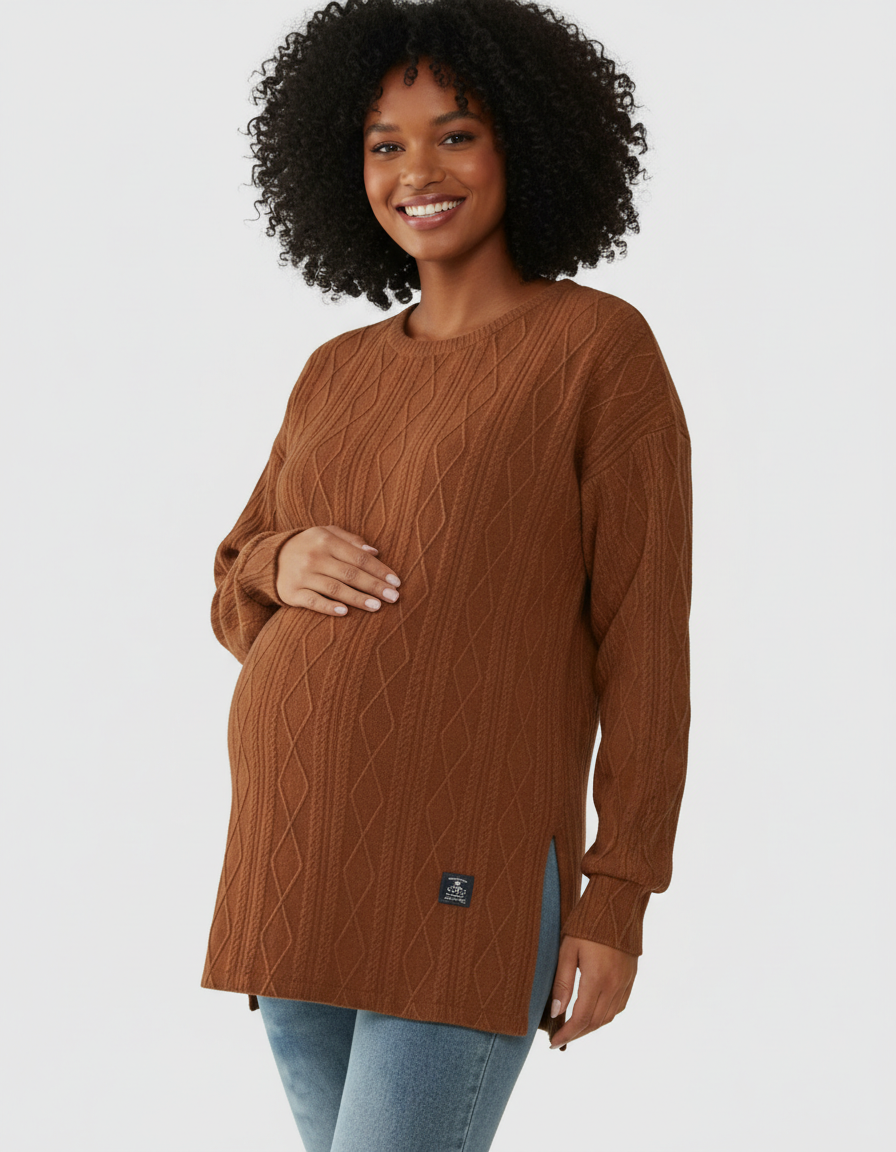 Smiling pregnant woman in a brown textured loose-fit maternity top with side slits and a small label.