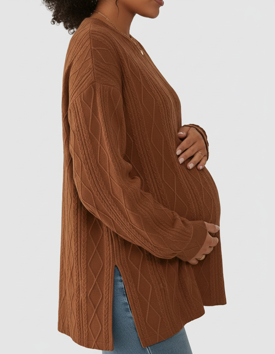 Pregnant woman in a brown textured loose-fit maternity top with cable knit design and side slits.