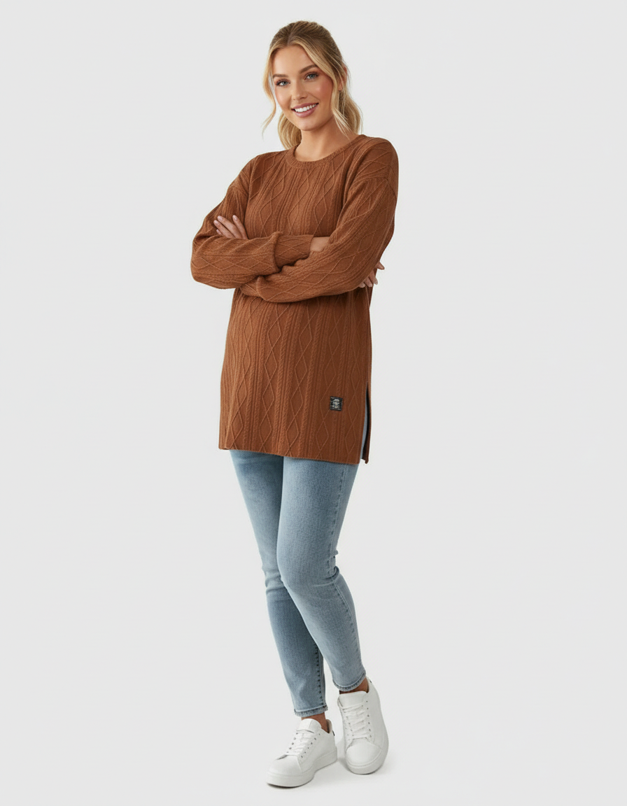 Smiling pregnant woman in a brown textured loose-fit maternity top with side slits and light blue jeans.