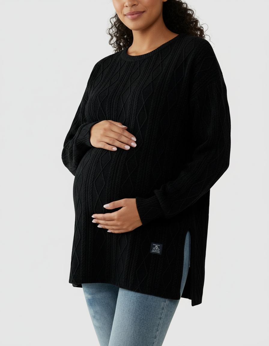 Pregnant woman in a black textured loose-fit maternity top with side slits, paired with light wash jeans.