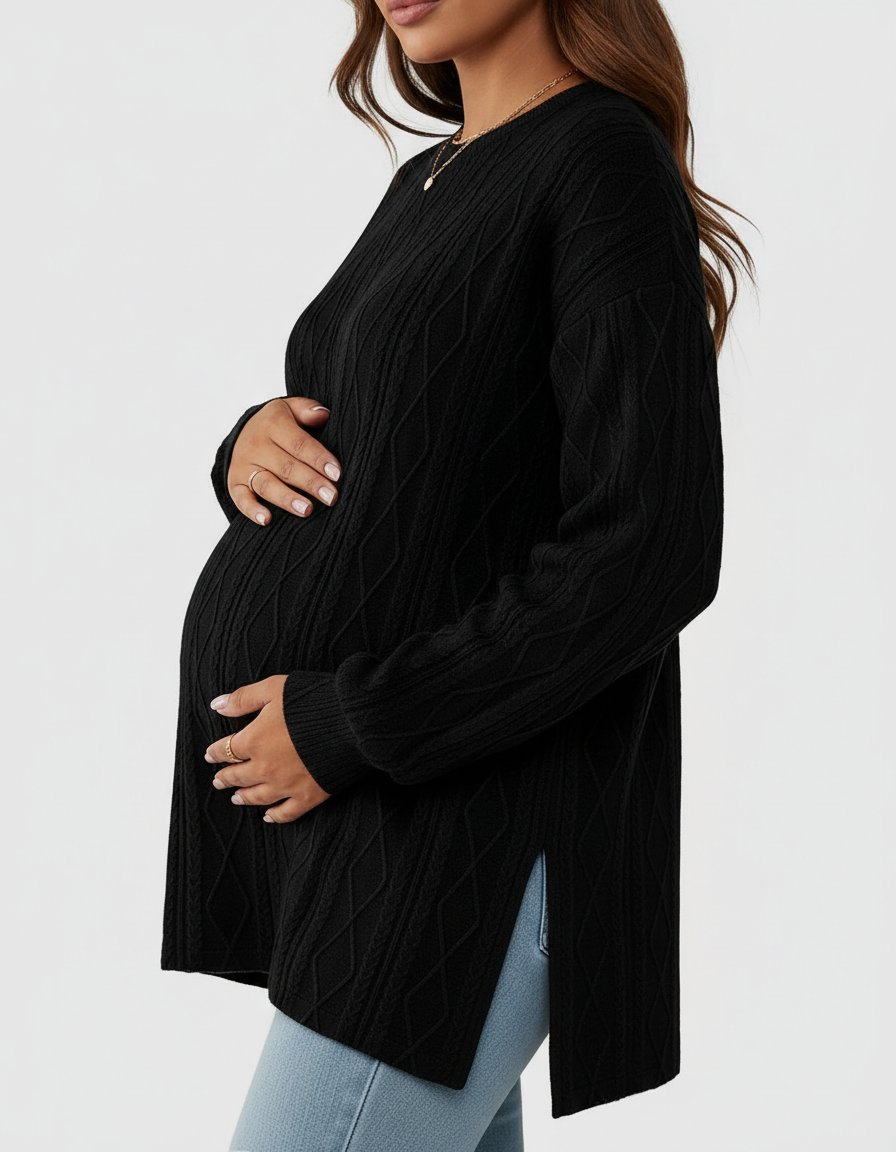 Black textured loose-fit maternity top with side slits, worn by a pregnant woman.