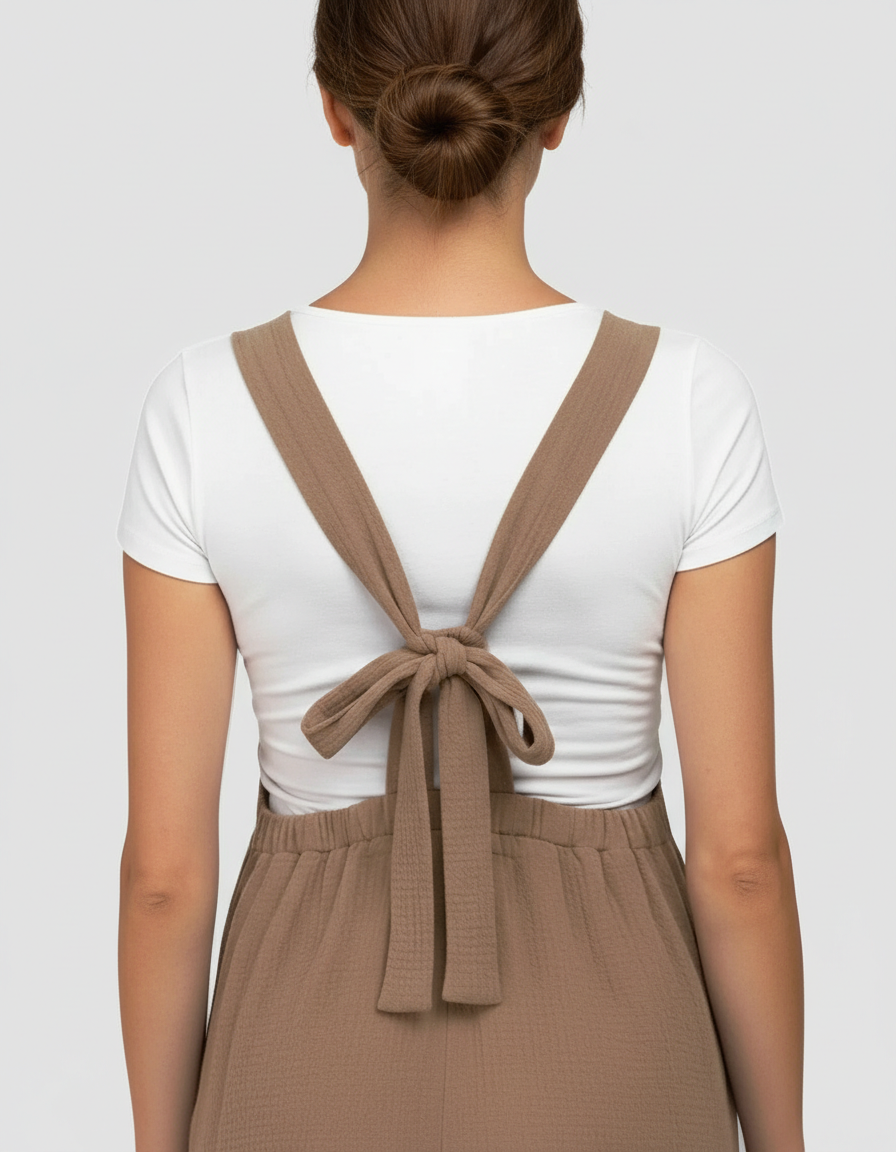 Back view of a woman wearing a white top and a brown tie-back wide-leg maternity jumpsuit.