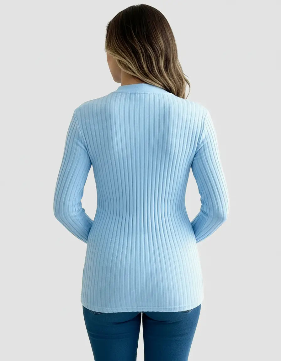 Back view of a woman wearing a light blue ribbed long-sleeve maternity top with a tie-waist.
