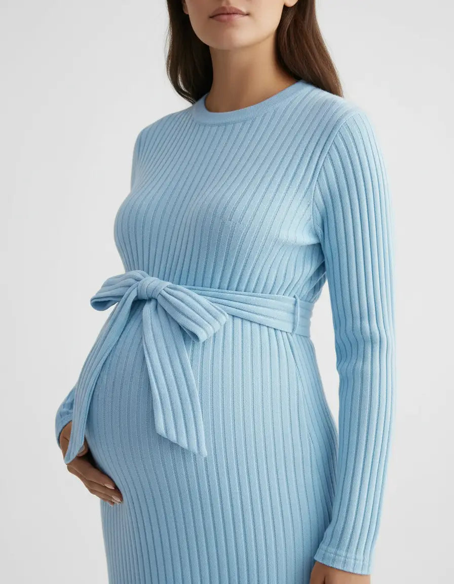 Pregnant woman in a light blue ribbed maternity top with a tie-waist, long sleeves, and round neck.