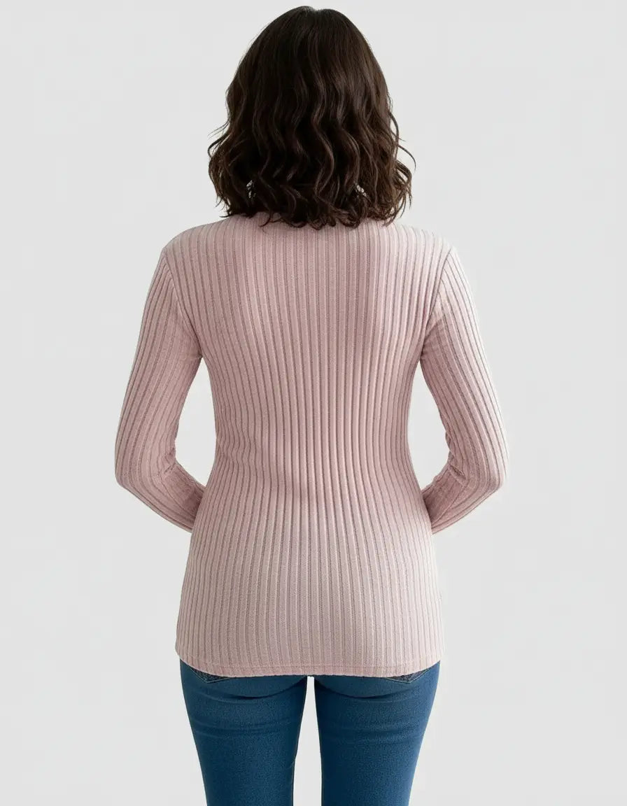 Back view of a woman wearing a pink ribbed long-sleeve tie-waist maternity top over blue jeans.