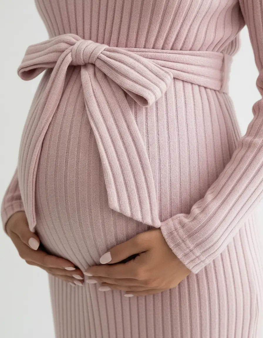 Close-up of a pregnant woman wearing a pink ribbed tie-waist maternity top, gently holding her belly.