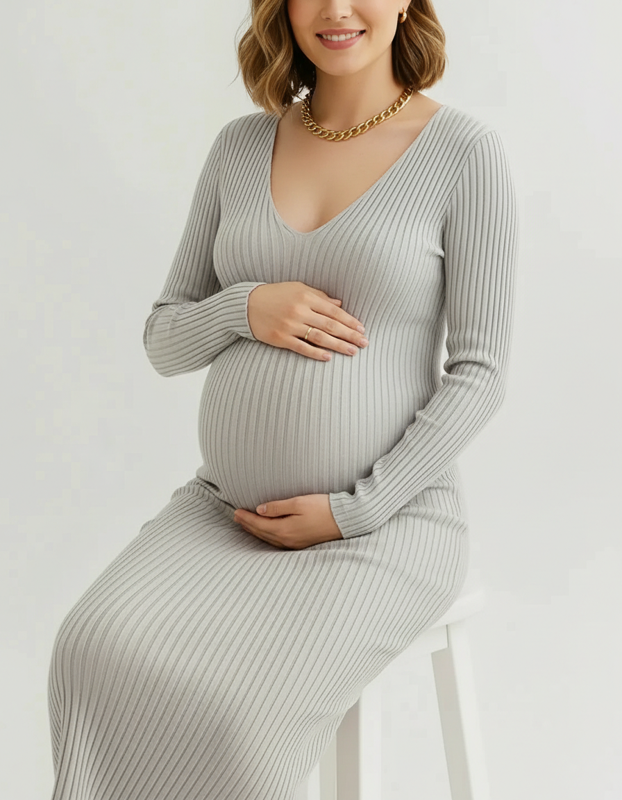 Pregnant woman in a light gray ribbed V-neck long sleeve maternity midi dress, gently holding her belly.