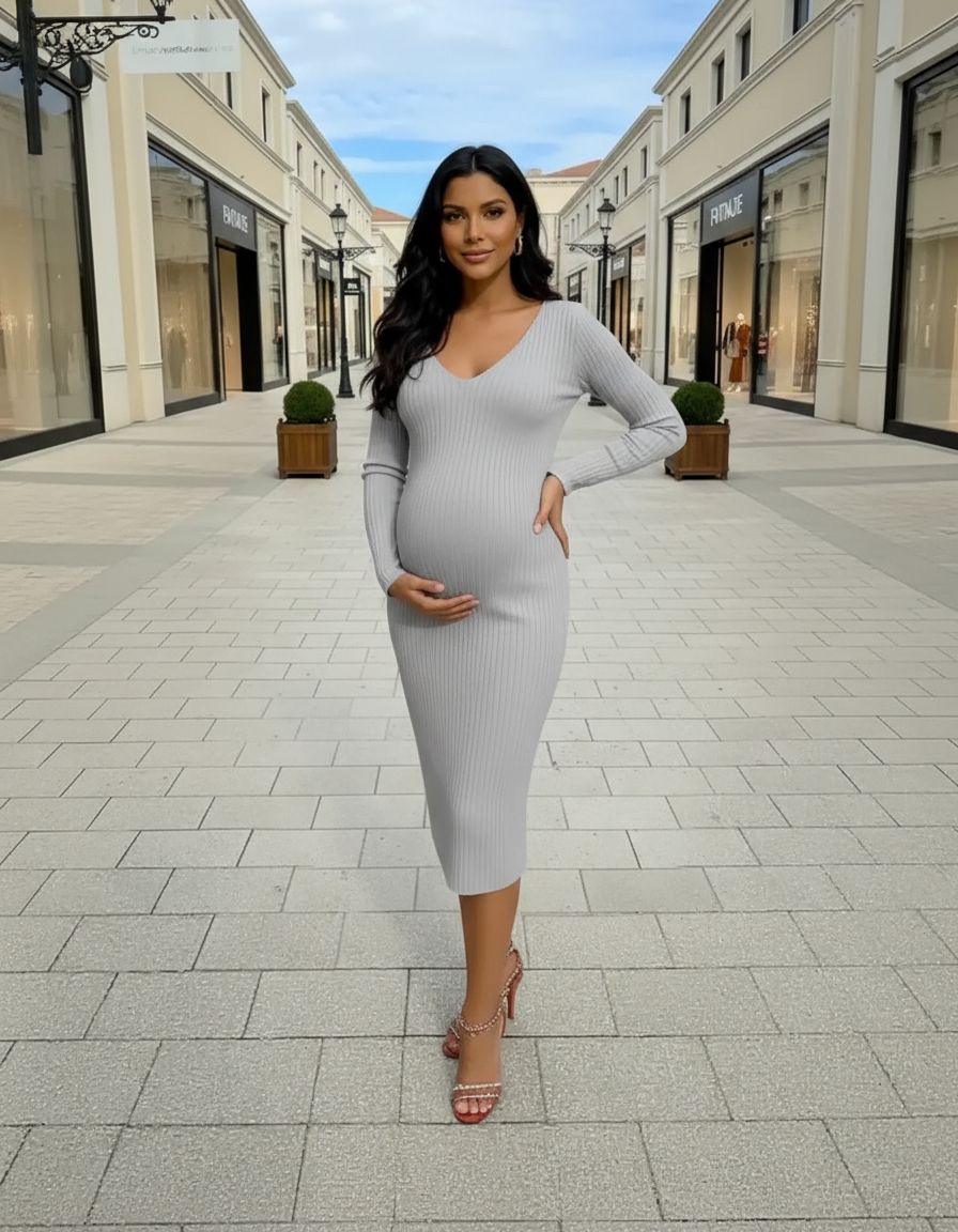 Woman in a light grey V-neck long sleeve ribbed maternity midi dress, holding her baby bump.