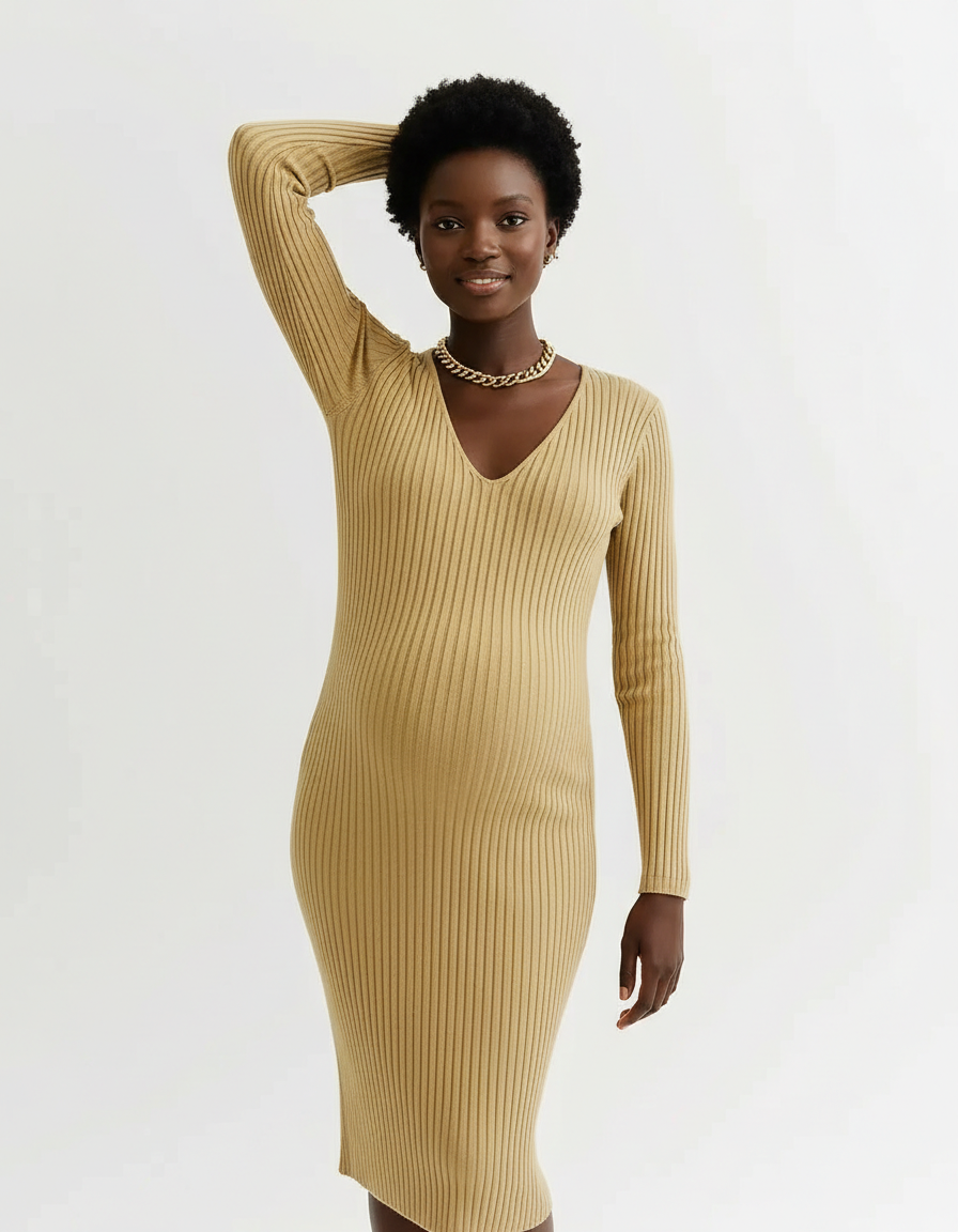 Smiling pregnant woman in a long sleeve, ribbed, V-neck midi maternity dress in a warm tan color.