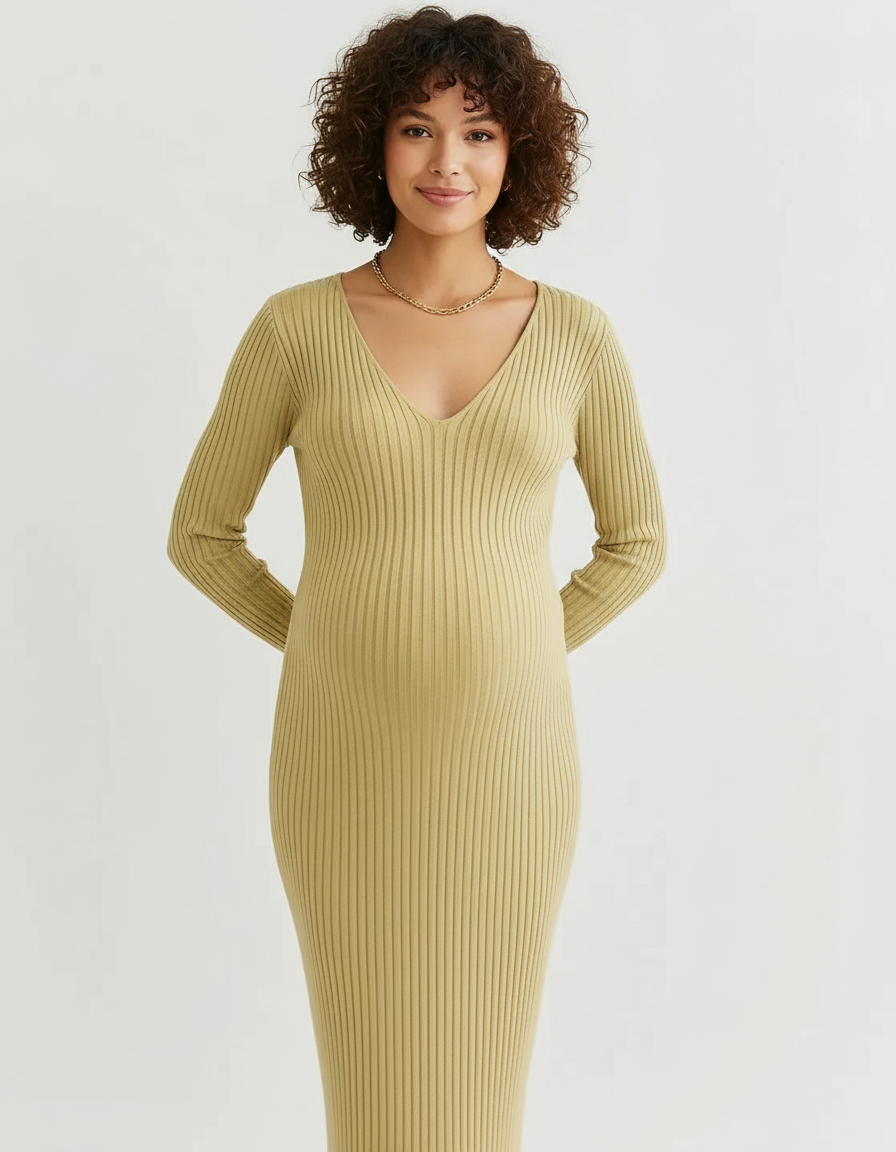 Smiling pregnant woman in a long sleeve, ribbed, V-neck maternity midi dress in a light olive green.
