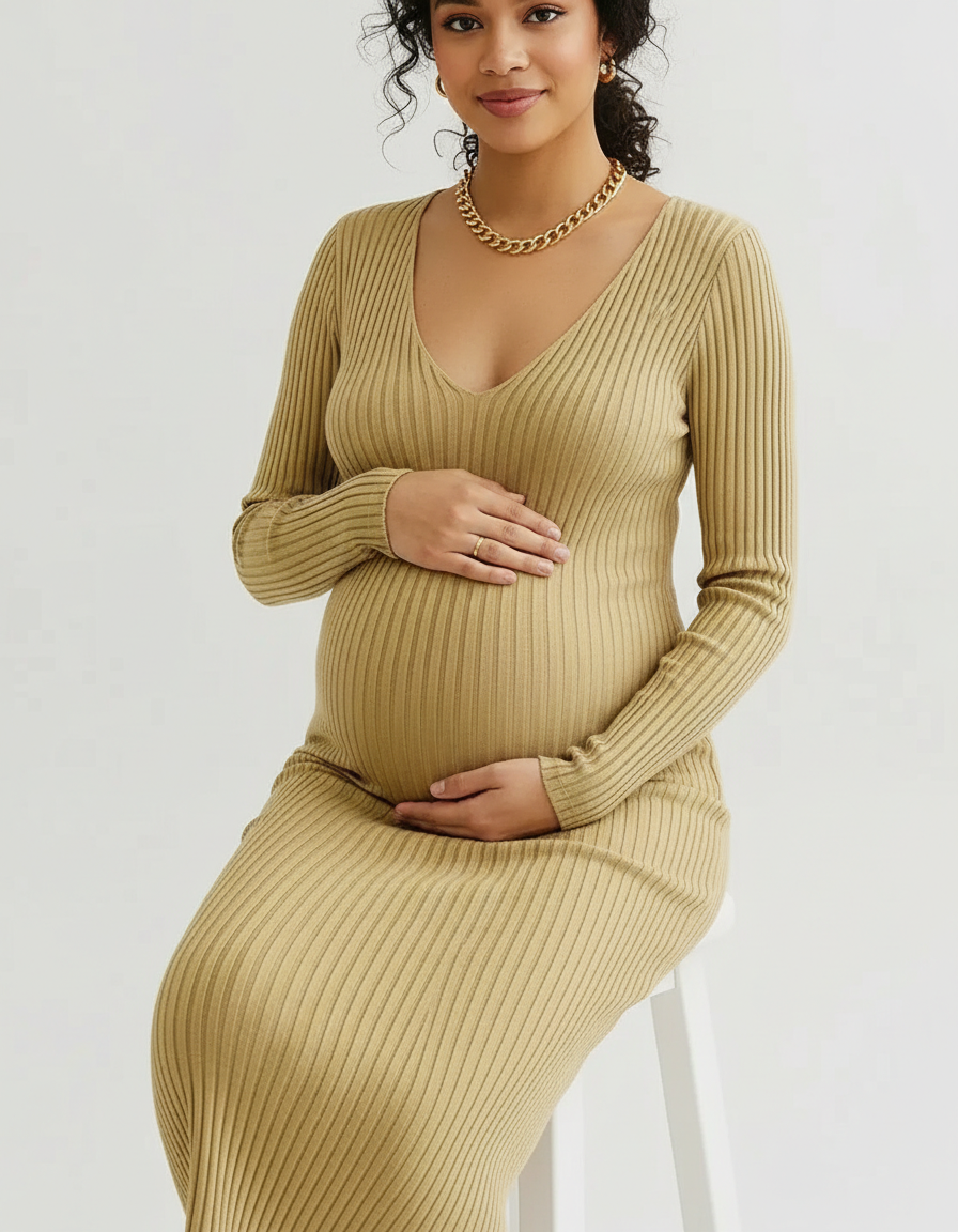 Pregnant woman in a beige ribbed V-neck long-sleeve maternity midi dress, gently holding her belly.