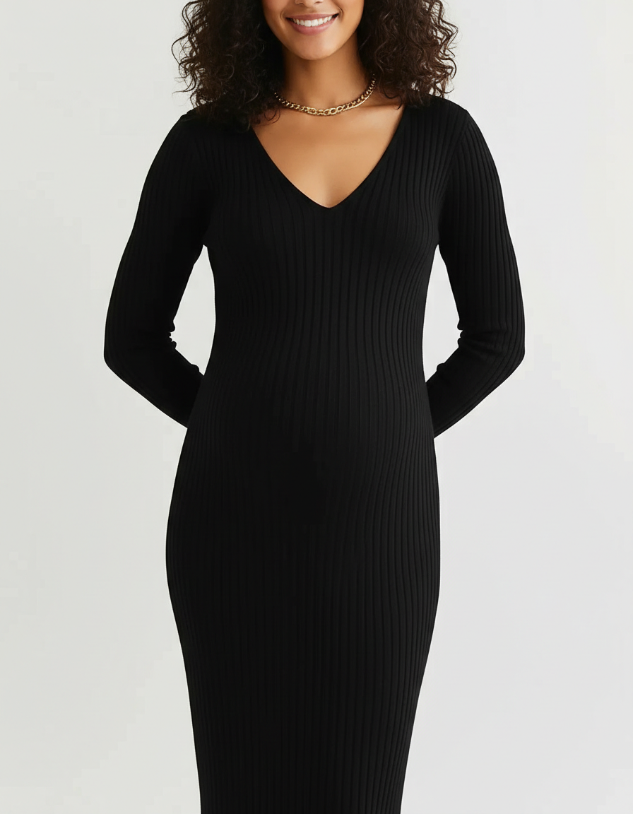 Pregnant woman smiling in a black V-neck long sleeve ribbed maternity midi dress with a gold chain necklace.