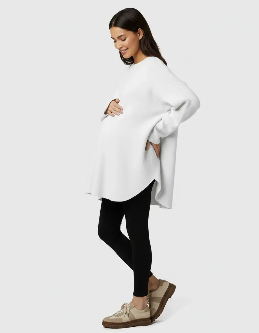 Pregnant woman in a white wool blend relaxed maternity sweater with a high-low hem, paired with black leggings.