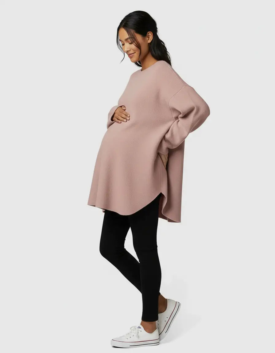 Pregnant woman in a pink wool blend relaxed maternity sweater and black leggings.