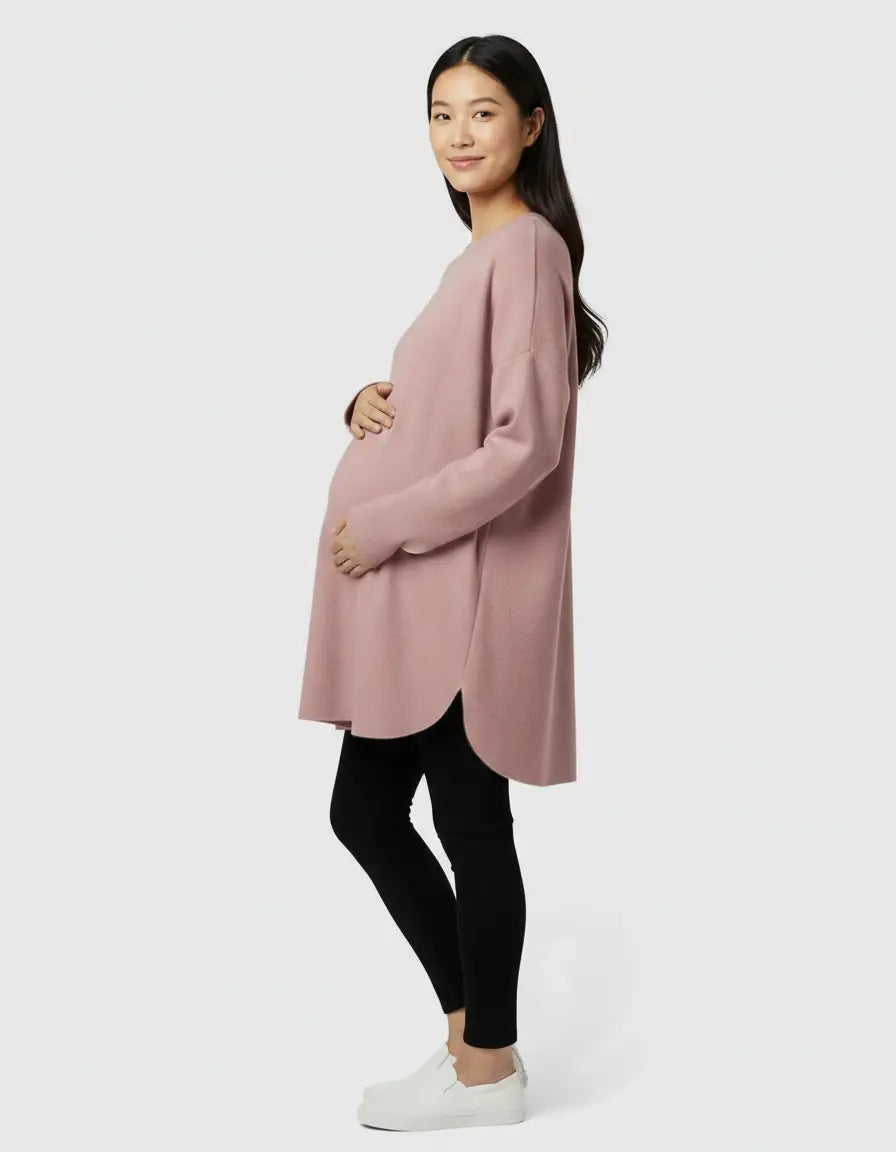 Smiling pregnant woman in a relaxed fit pink wool blend maternity sweater and black leggings.