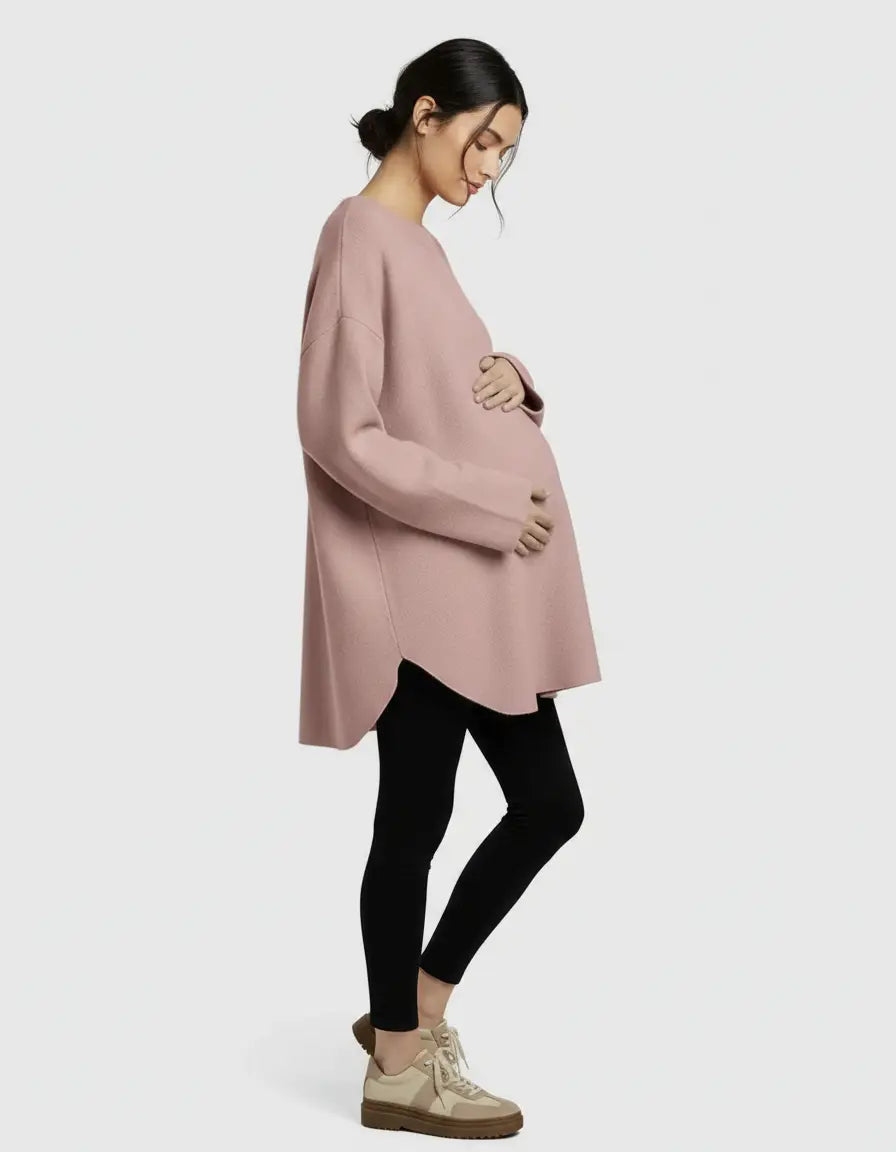 Pregnant woman in a pink wool blend relaxed maternity sweater and black leggings.