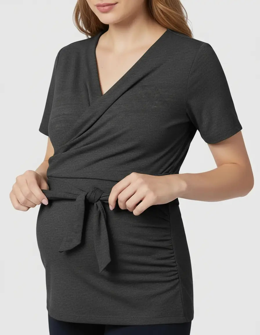 Dark gray 3-in-1 skin-to-skin nursing wrap top with V-neck, short sleeves, and side tie.