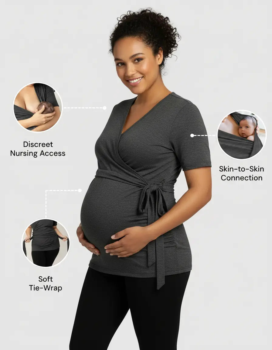 Pregnant woman in a charcoal gray 3-in-1 nursing wrap top with a soft tie-wrap, showing discreet nursing and skin-to-skin features.