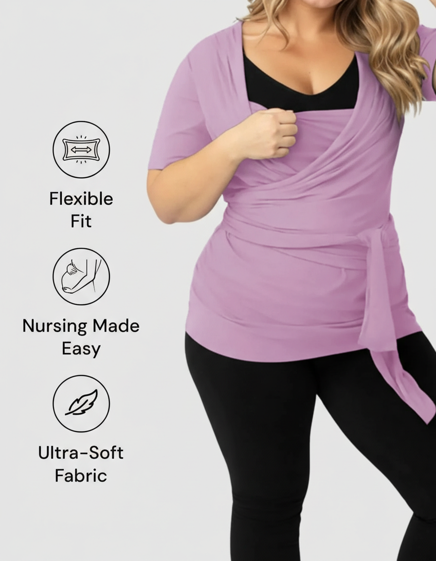 Woman wearing a lavender 3-in-1 skin-to-skin nursing wrap top with a flexible, ultra-soft design.
