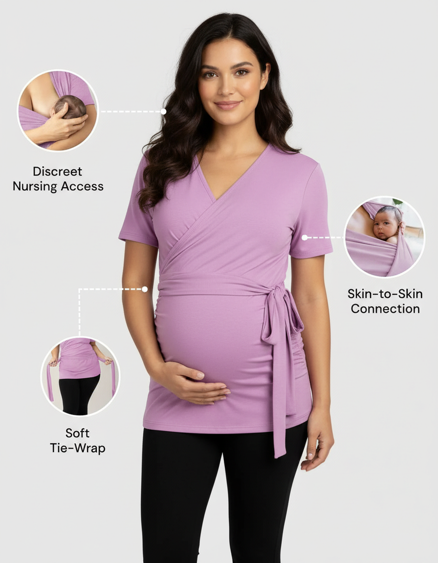 Lavender 3-in-1 skin-to-skin nursing wrap top with discreet access and soft tie-wrap detail.