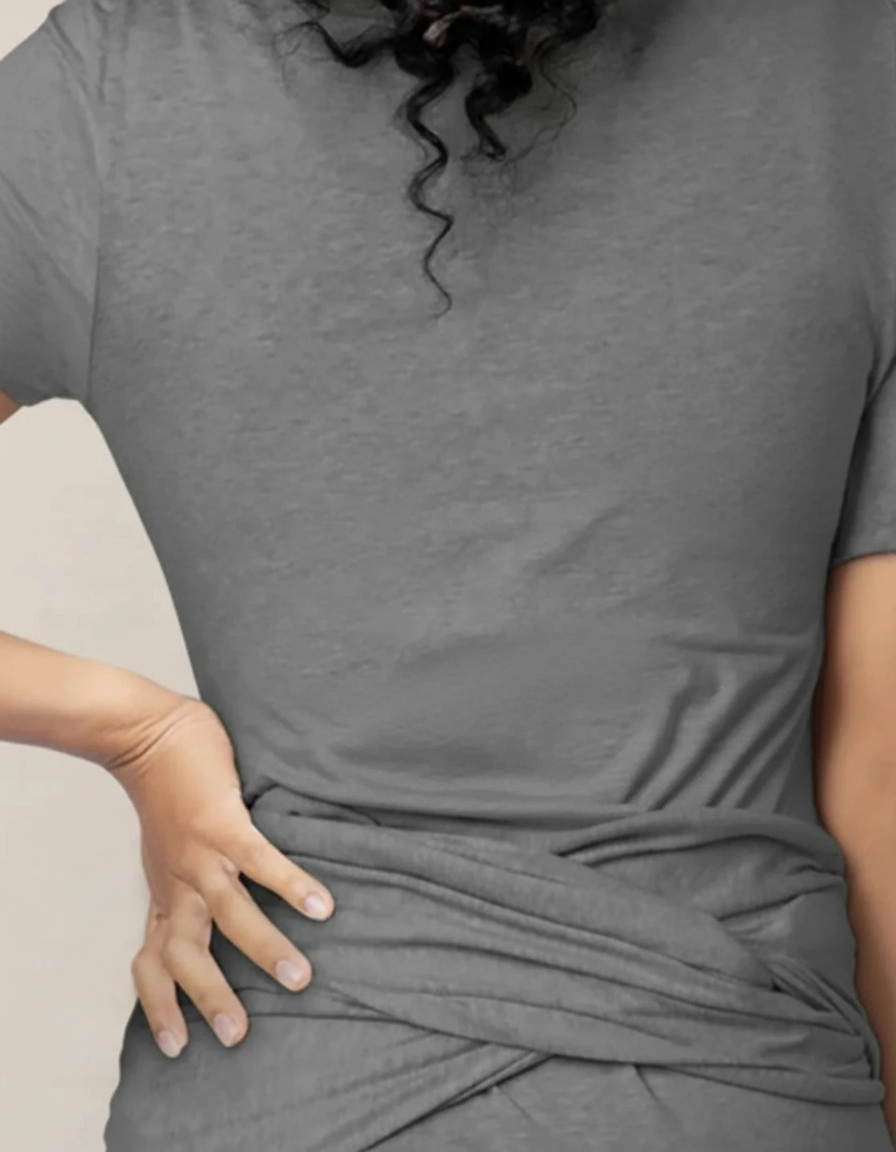 Gray 3-in-1 skin-to-skin nursing wrap top, soft fabric, relaxed fit, shown from back.