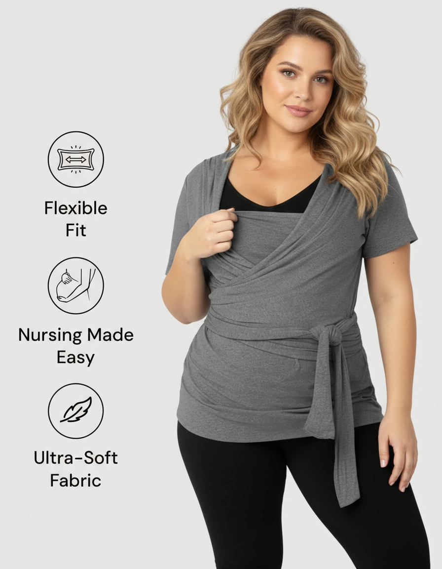 Woman models a gray 3-in-1 skin-to-skin nursing wrap top with a tie waist and black bra.
