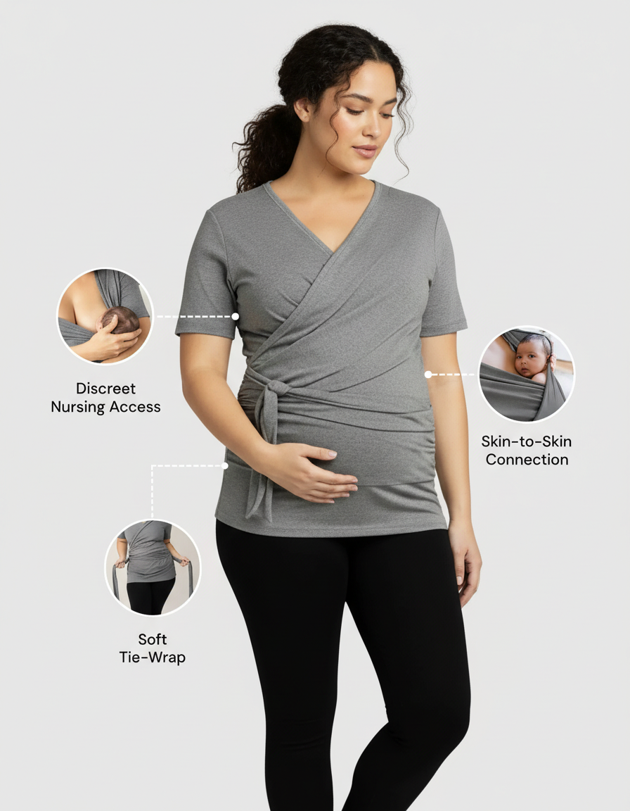 Gray 3-in-1 skin-to-skin nursing wrap top with a soft tie-wrap and discreet nursing access.