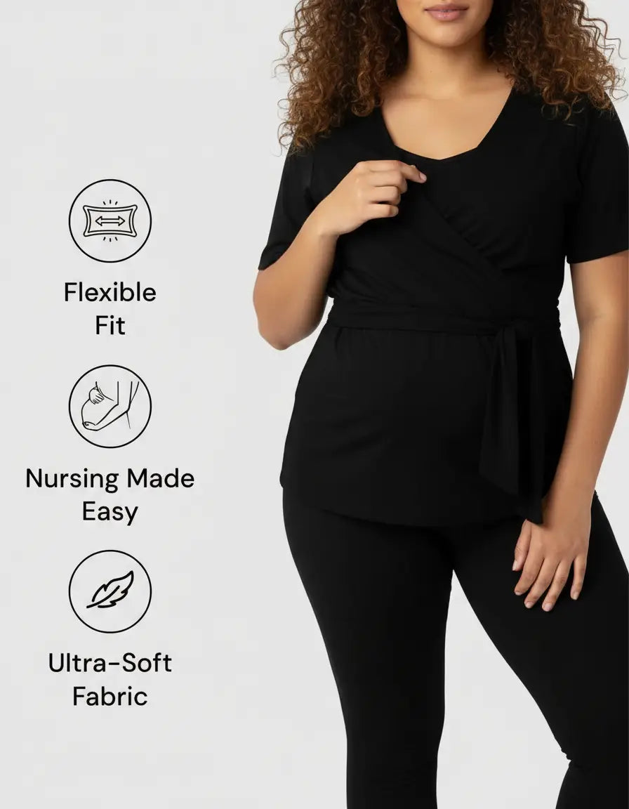 Black 3-in-1 skin-to-skin nursing wrap top with flexible fit and ultra-soft fabric.